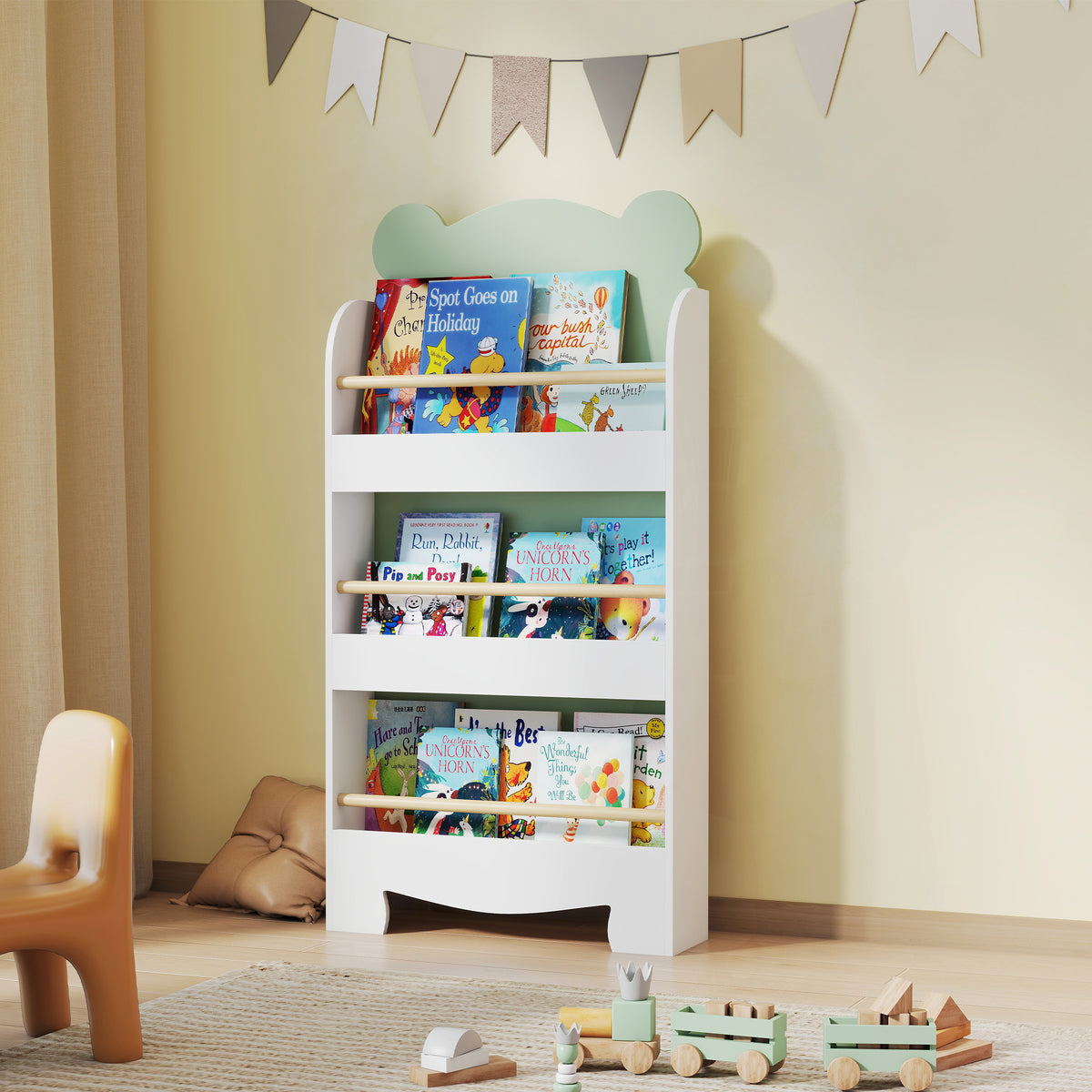 Bibliothèque pour enfant, rangement livre enfant 3 niveaux pour salle de jeux, chambre d'enfant, vert-1