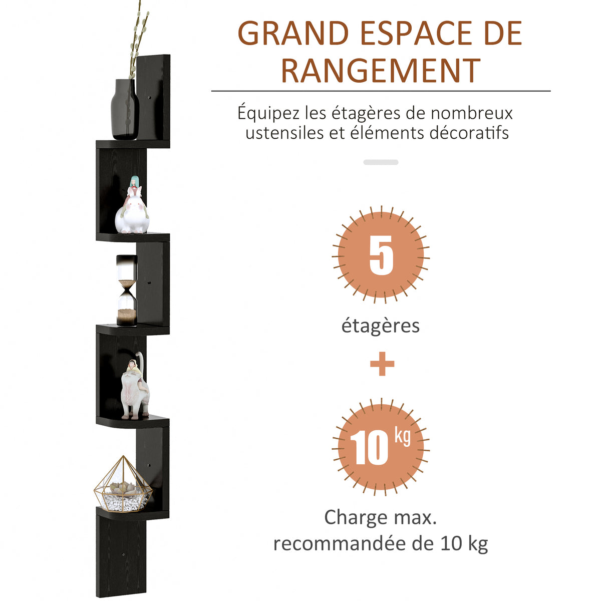 Étagère d'angle Murale à 5 Niveaux Hauteur 120 cm Forme de Zigzag en Bois Noire-5