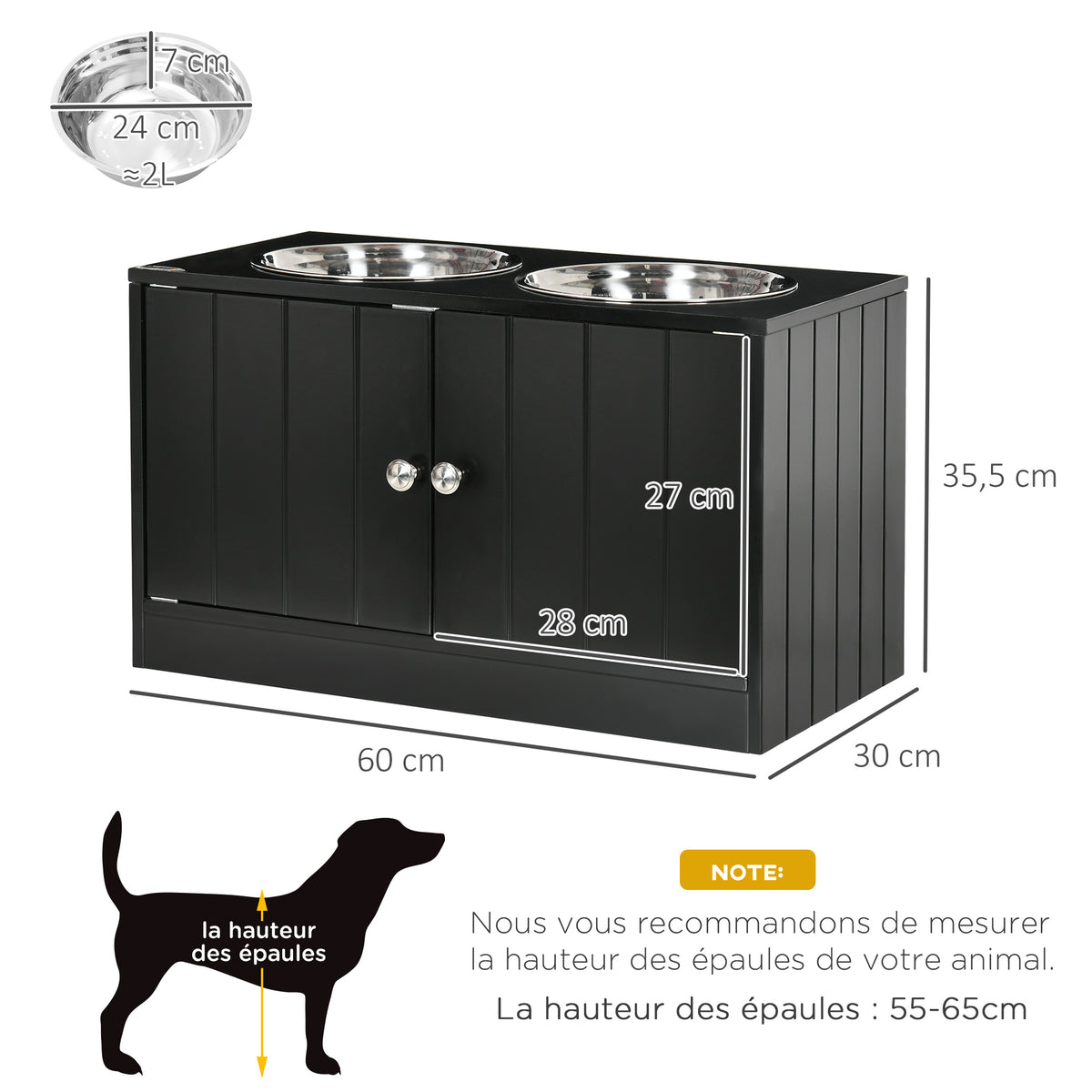 Gamelles chiens surélevées gamelle double chien chat porte-gamelles 60 x 30 x 35,5 cm 2 gamelles 2L acier inox incluses-2