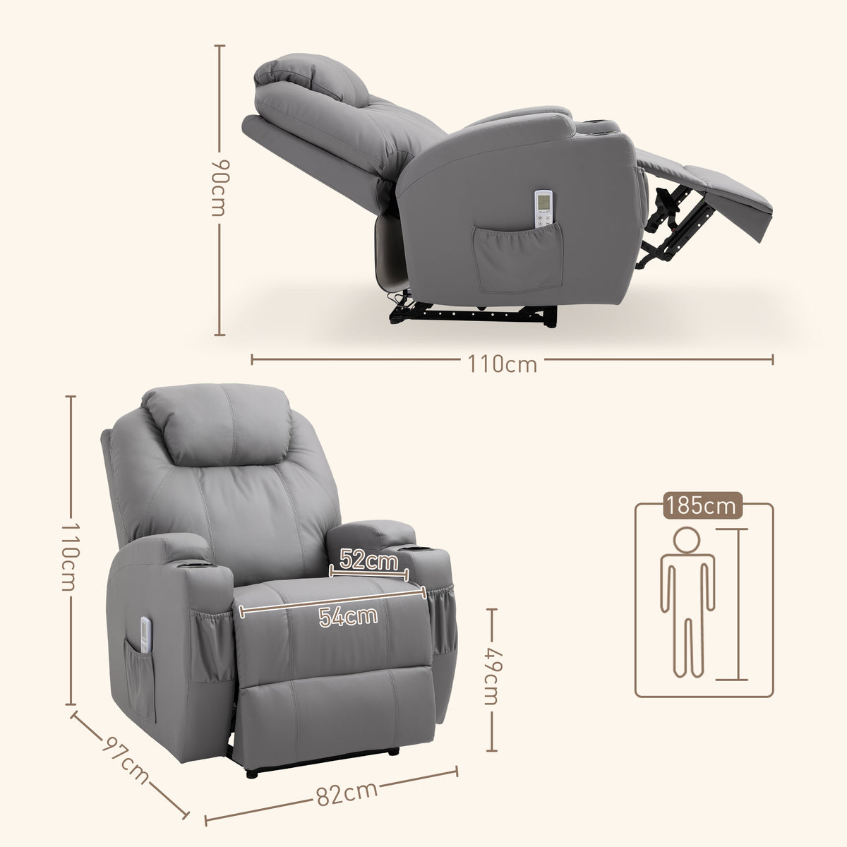 Fauteuil de Massage Inclinable, Chaise de Relaxation avec dossier et repose-pied électrique réglables revêtement synthétique pour Salon, Chambre, Cinéma Maison Gris-2