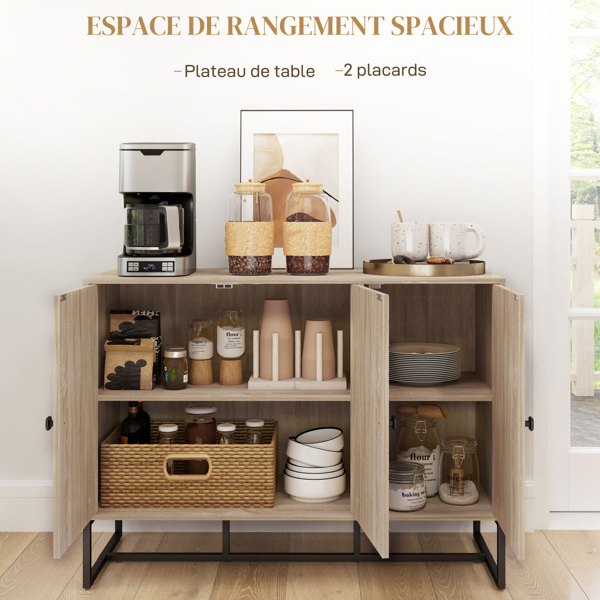 Buffet salon meuble de rangement armoire de cuisine avec placard 2 portes et étagères réglables 108 x 40 x 80 cm, chêne-3