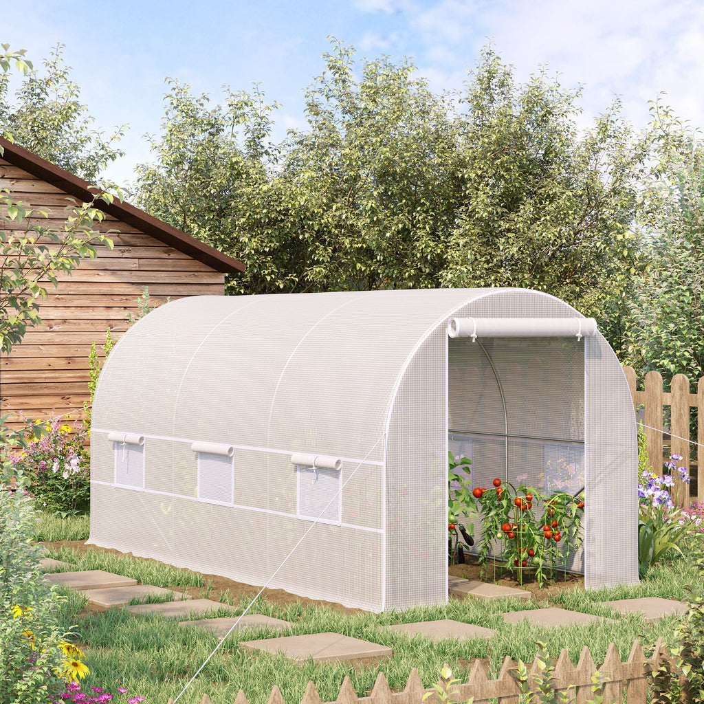 Serre tunnel de jardin 8m², serre de jardin tunnel avec porte et 6 fenêtres, bâche PE 140 g/m² 400 x 200 x 200 cm blanc-9