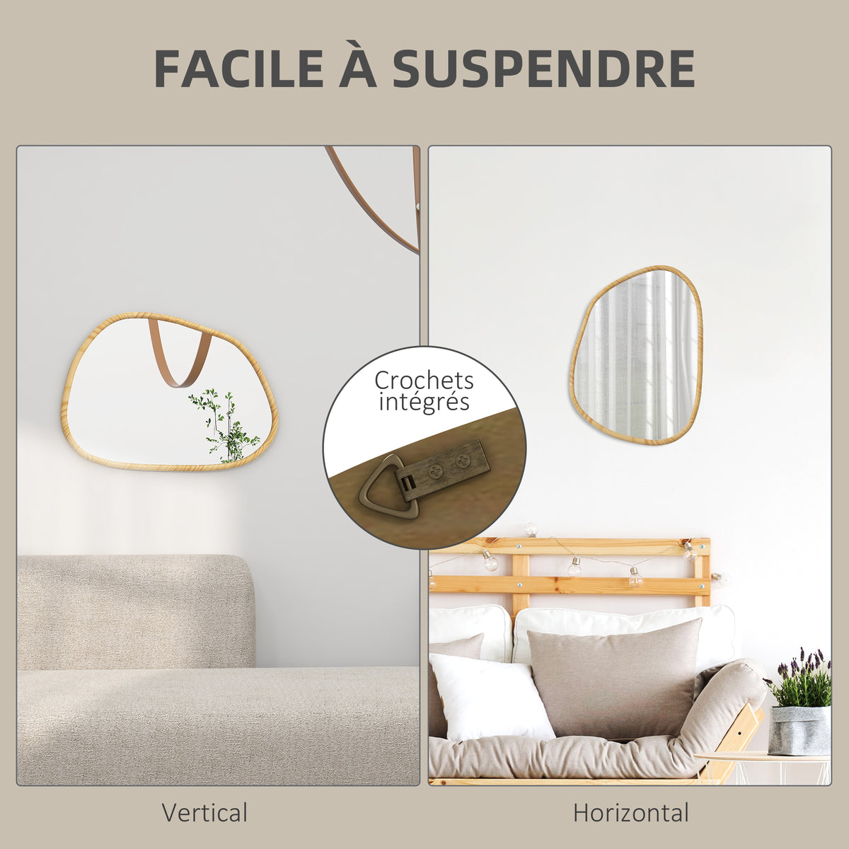 Miroir mural miroir décoratif forme organique avec cadre en bois horizontal ou vertical 80 x 60 cm naturel-4