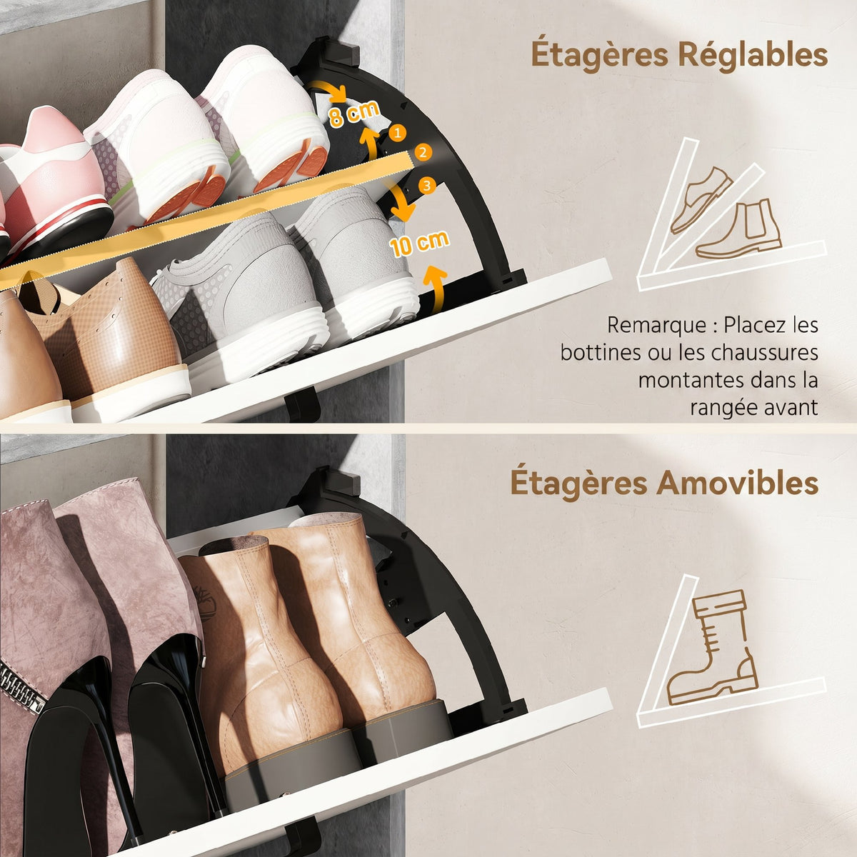 Meuble à chaussures 15 paires, armoire à chaussures moderne avec 2 tiroirs rabattables, 83x24x90,5cm, blanc et gris-4