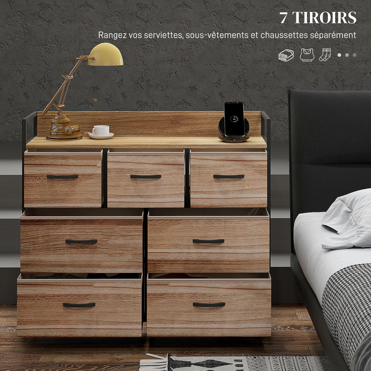 Commode 7 tiroirs meuble de rangement tiroir en tissu pliant - structure acier noir - 98 x 29 x 85 cm-3