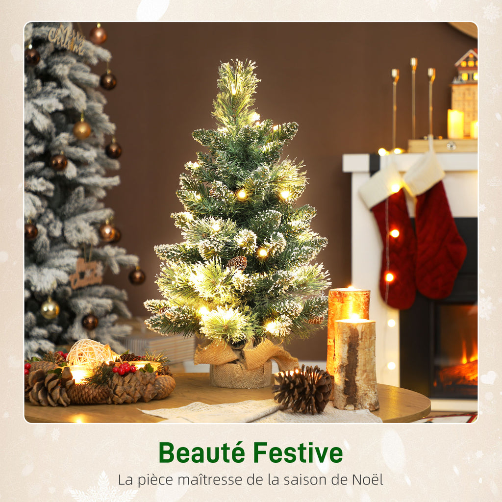 Sapin de Noël artificiel 60 cm, mini arbre de Noël de table floqué avec 35 LED, pommes de pin, fonctionne à piles, vert-3