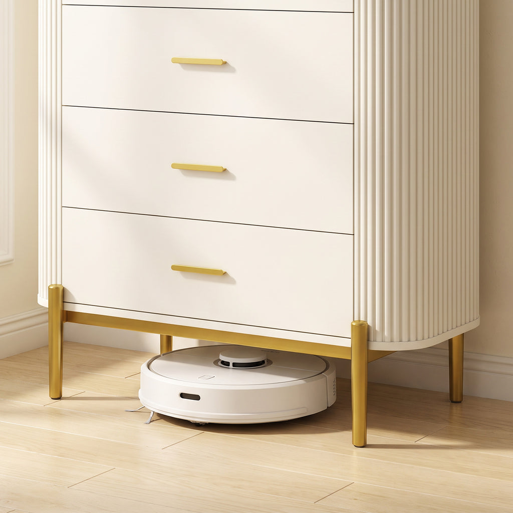 Commode 5 Tiroirs, Meuble de Rangement avec Façades Rainurées et Pieds en Métal, Style Moderne, 90x44x120cm, Gris Clair-7