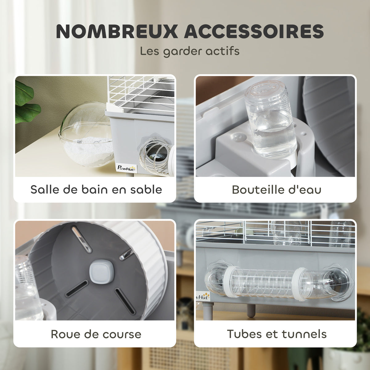 Cage pour hamster  à 2 niveaux avec roue de course salle de bain en sable pour hamster nain 44,5 x 28 x 44 cm gris-4