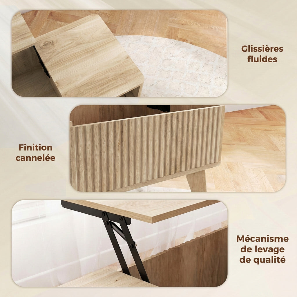 Table Basse Relevable, Compartiment Caché, 2 Étagères Ouvertes, Coins Arrondis, Style Mid-Century, 100x48x41cm, Chêne-6