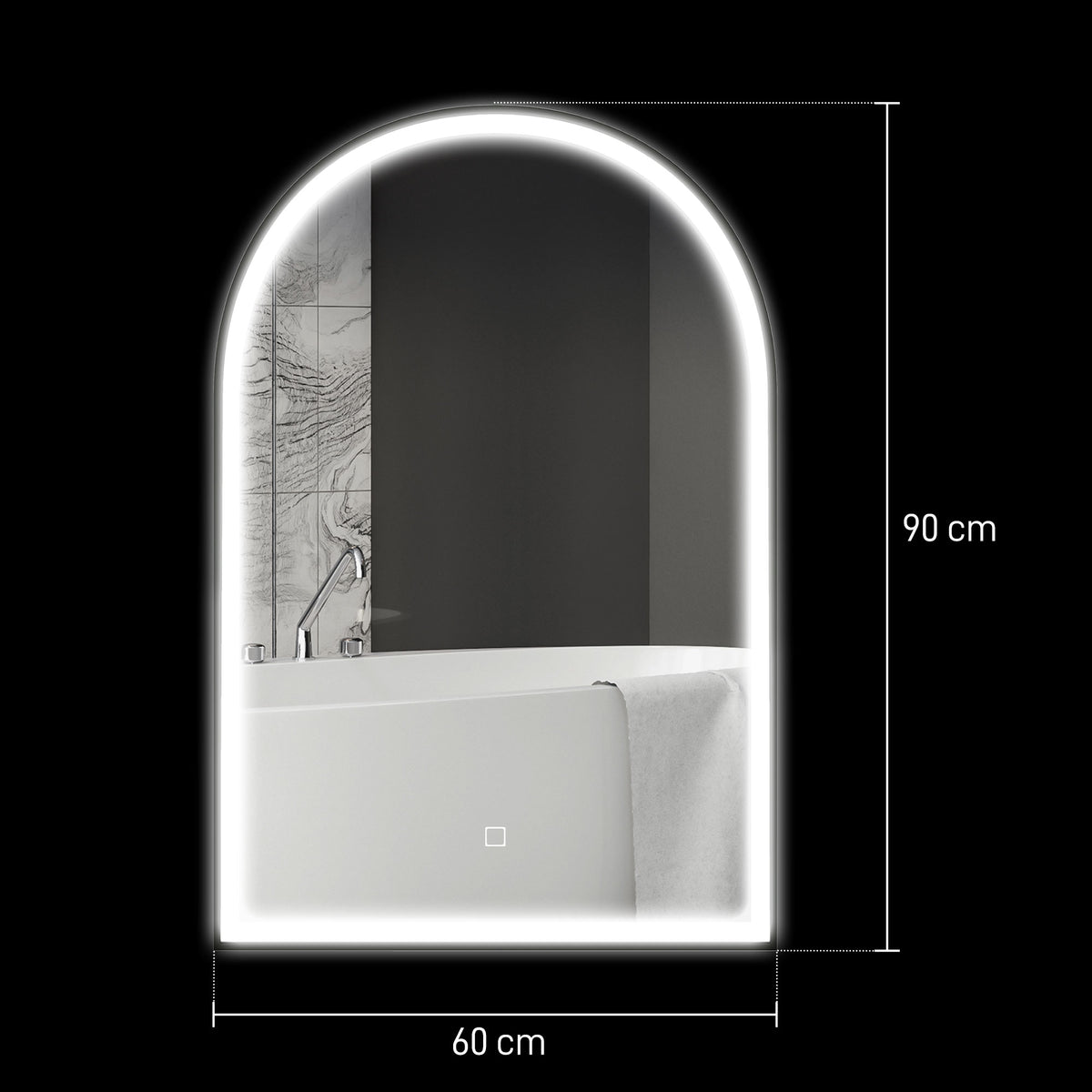 Miroir de salle de bain LED 90 x 60cm, mural, 3 couleurs, arqué cadre en aluminium, désembuage et interrupteur tactile-2
