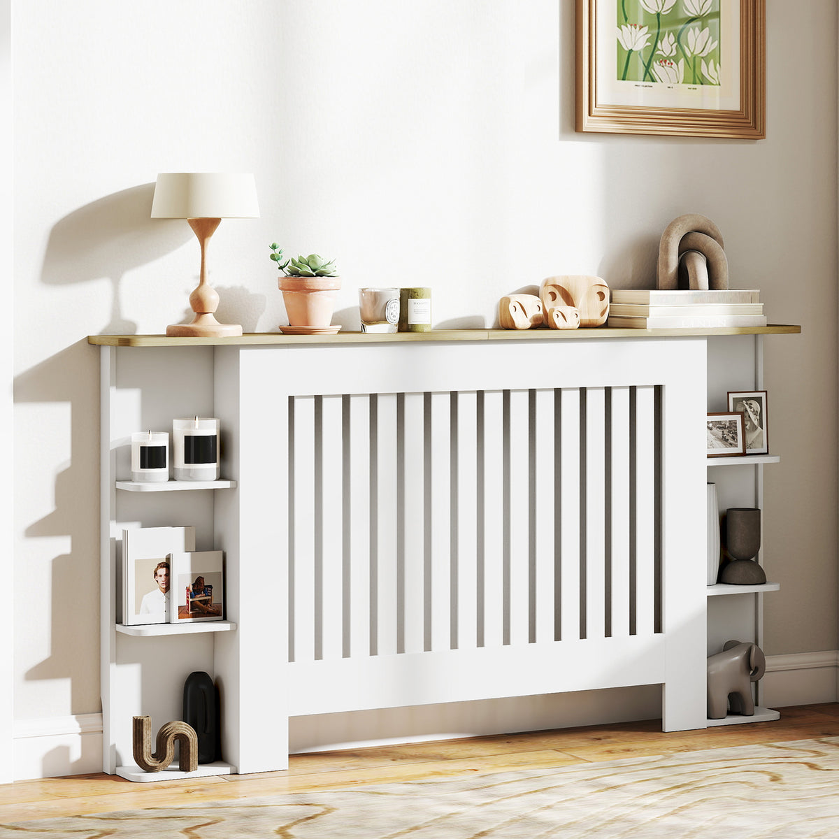 Cache-radiateur avec étagères de rangement ouvertes, couvercle de radiateur en bois à lattes, 152x19x83cm, blanc-9
