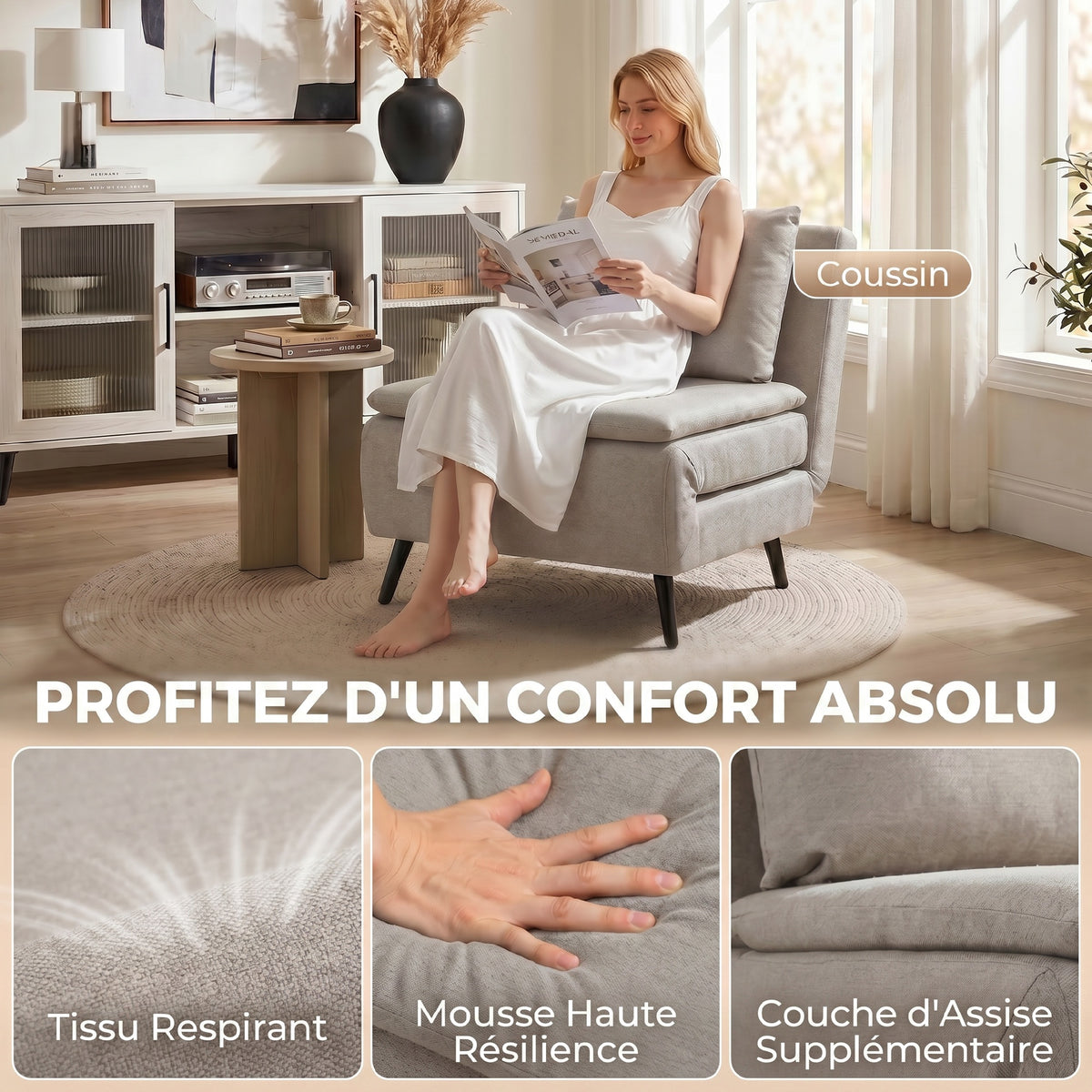 Fauteuil Convertible 1 Place, Fauteuil-Lit Clic-Clac 3 en 1 avec Dossier Réglable, Oreiller, Assise Large, Marron Clair-5