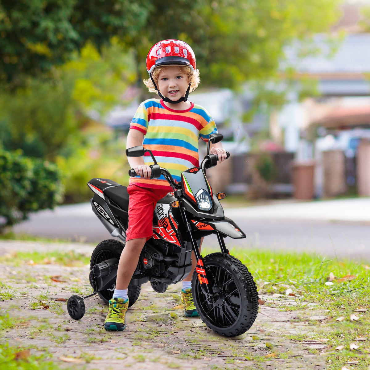 Moto électrique enfants sous licence Aprilia avec 2 moteurs 12V, roues d'entraînement, lumière LED, musique - rouge-9
