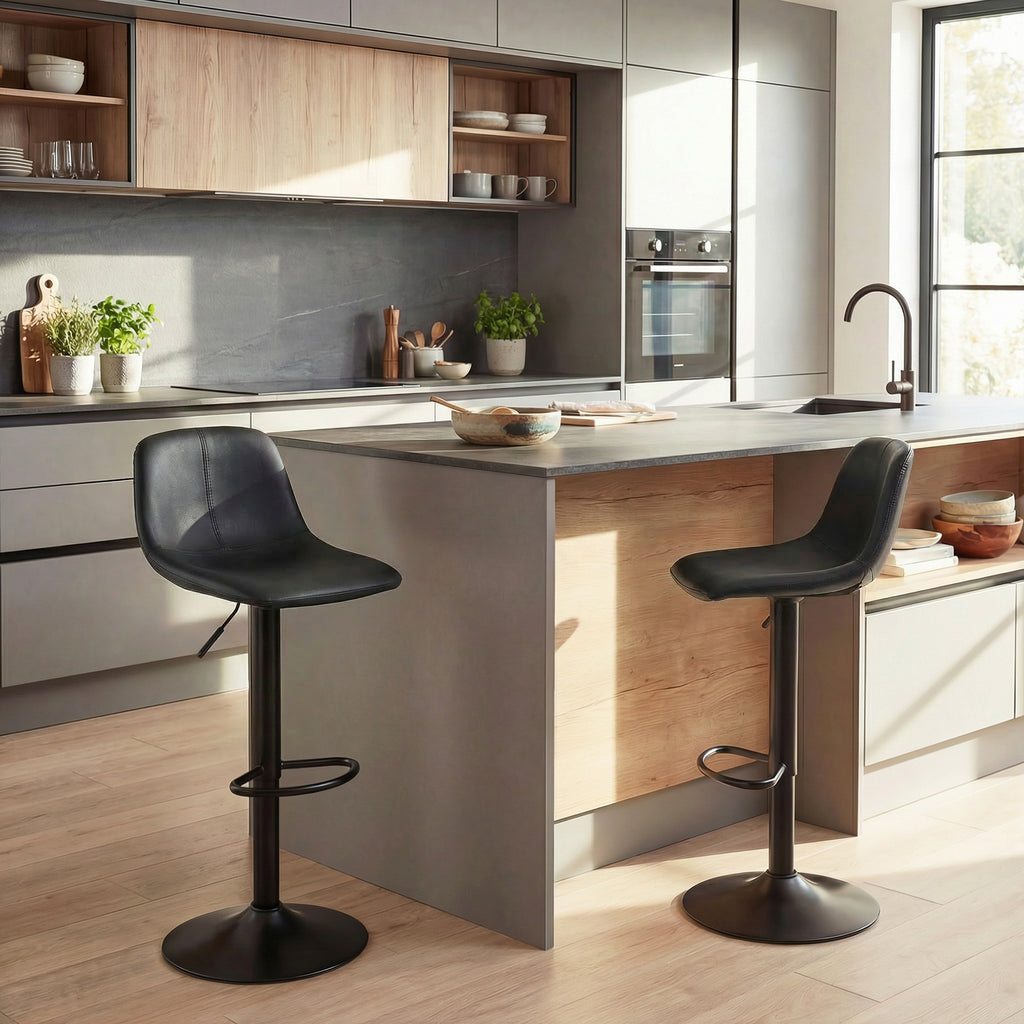 Lot de 2 tabourets de bar, chaises de bar hauteur réglable, dossier et repose-pieds, pivotant 360°, pieds en acier, noir-1