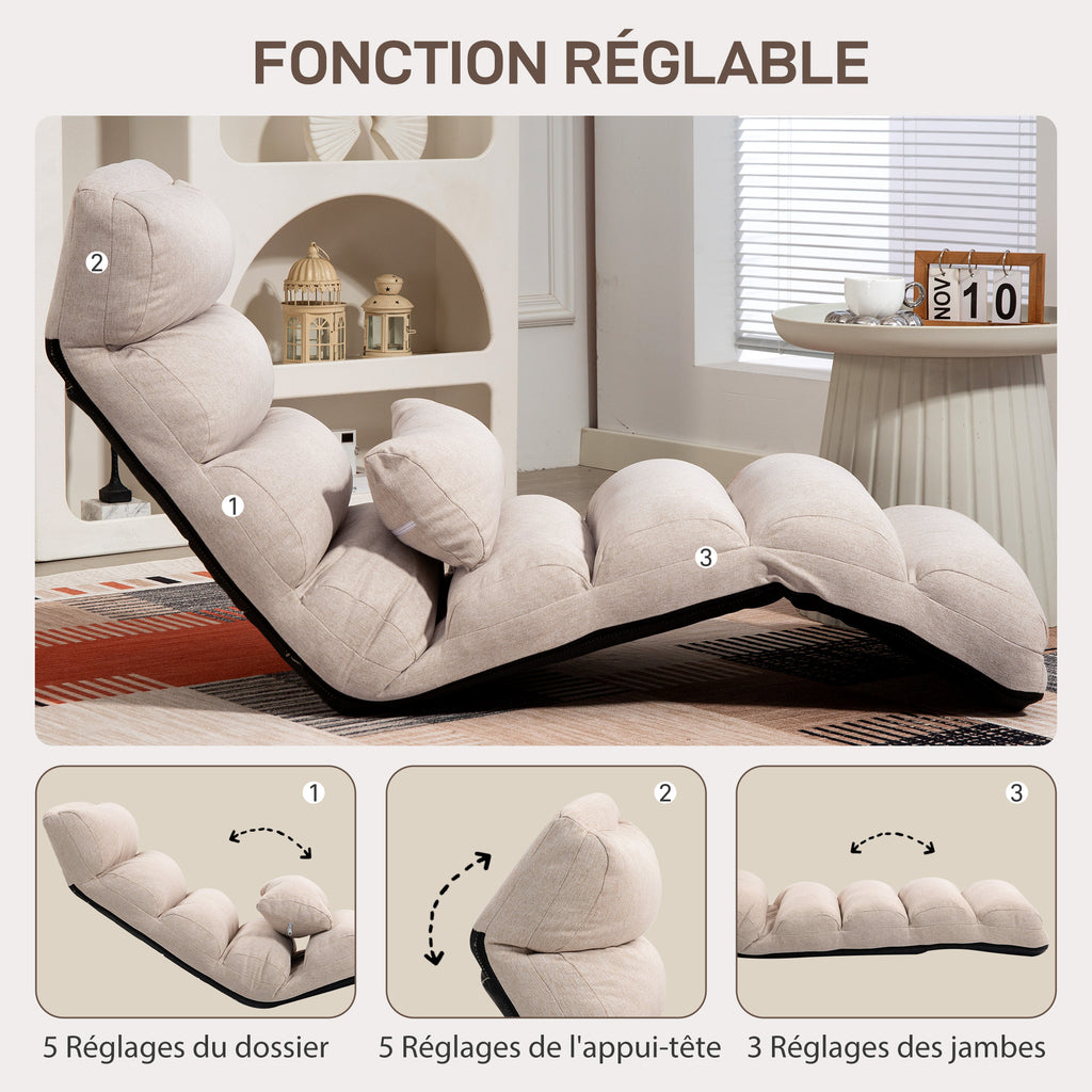 Chauffeuse 1 place fauteuil convertible avec dossier et appui-tête réglables sur 5 positions, 58x119x78cm, beige-3