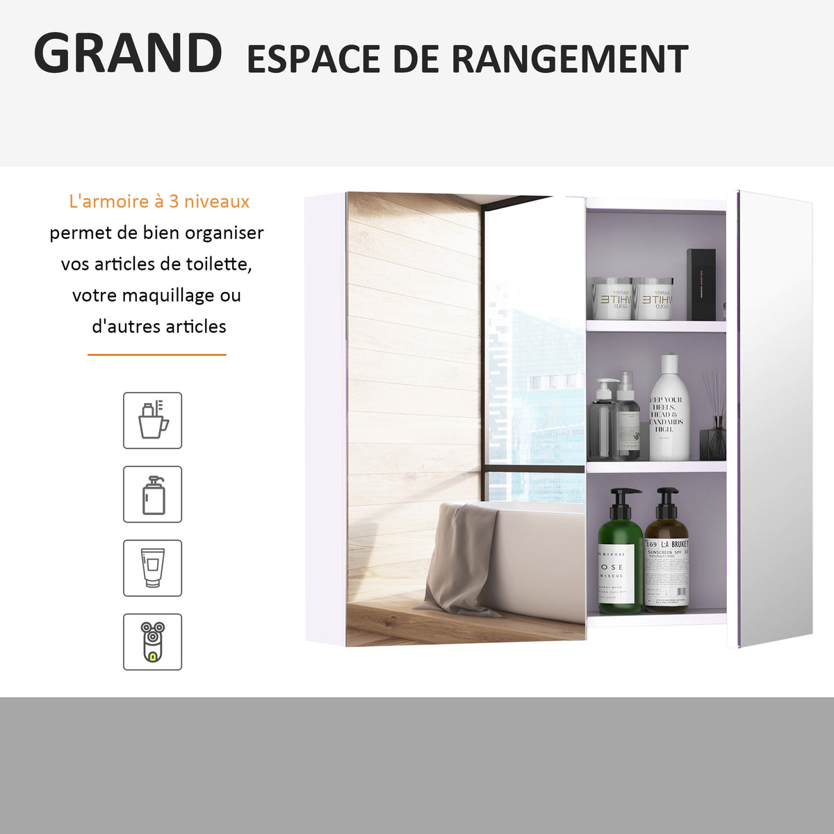 Armoire murale salle de bain avec miroir 70 x 60 cm avec étagère réglable, miroir salle de bain avec rangement, blanc-3
