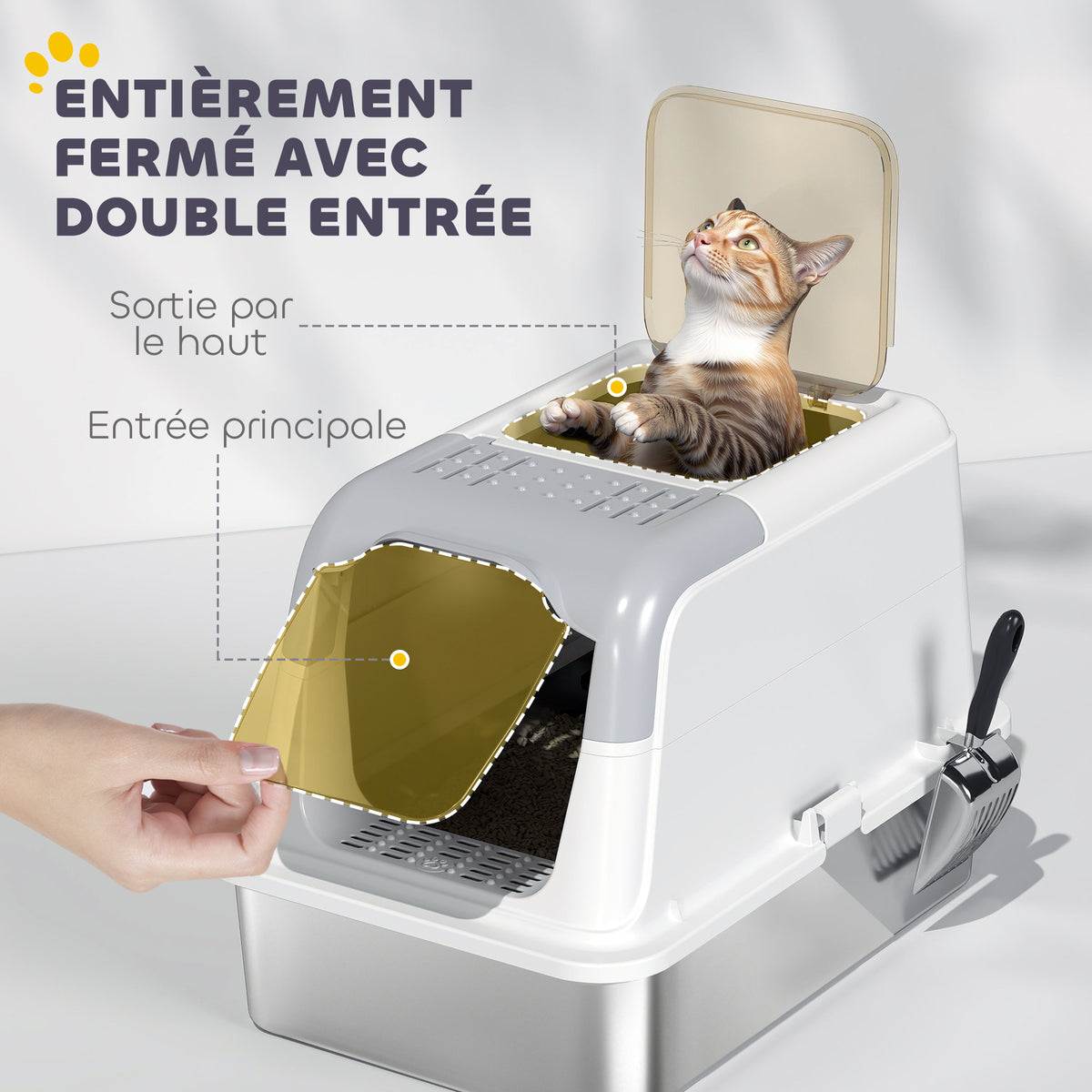 Maison de toilette pour chat bac à litière fermé bac acier inoxydable, nettoyage facile, 60,4 x 40,4 x 41,8 cm, blanc-4