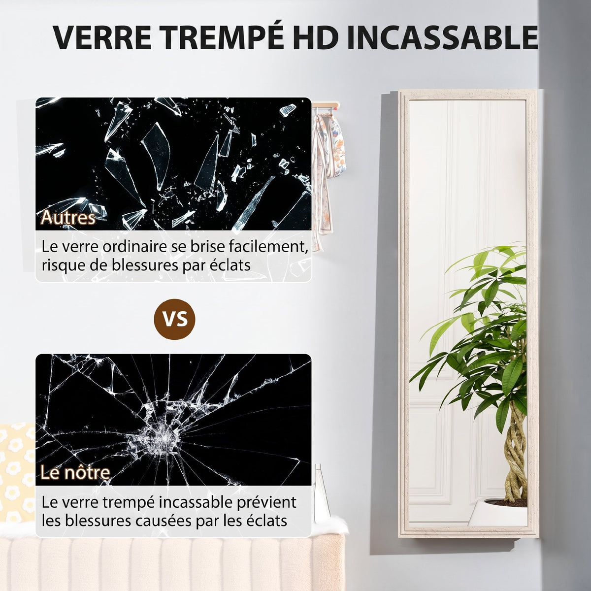 Miroir sur Pied Rectangulaire 160 x 50 cm, Cadre Texturé à Effet Pierre, Angle d'Inclinaison Réglable, Blanc-6
