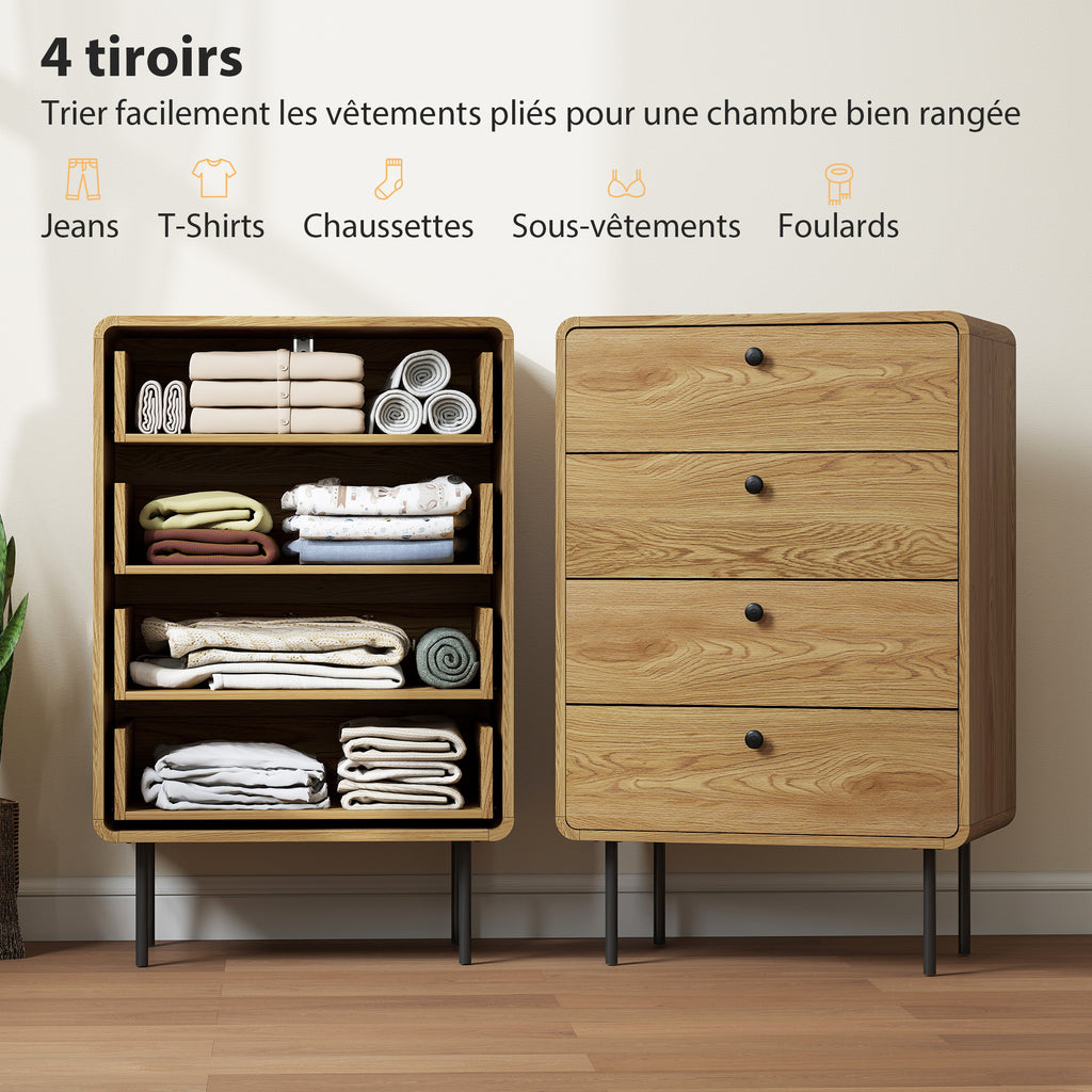 Commode 4 tiroirs, meuble de rangement étroit avec pieds en acier, coins arrondis, 60 x 39 x 91,5 cm, chêne-3