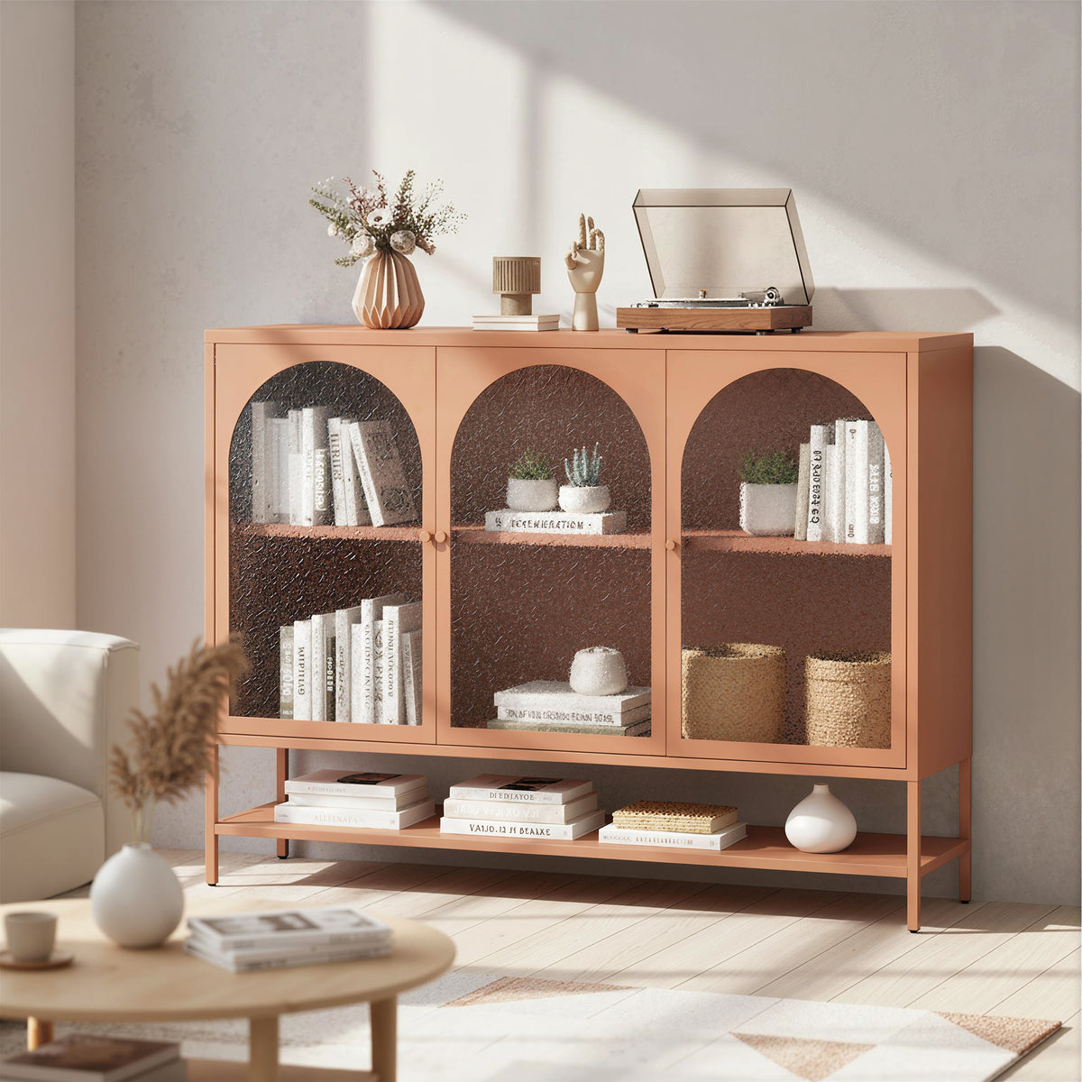 Buffet salon, meuble de rangement avec 3 portes vitrées cintrées et étagère ouverte, 140 x 40 x 105 cm, rouille-9