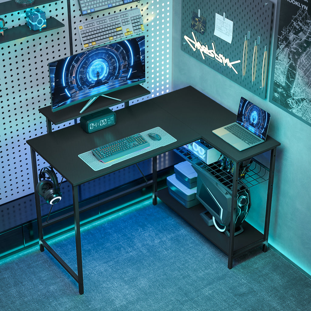 Bureau gaming réversible, bureau gaming d'angle, support pour écran, étagère en maille réglable, 114,5x82x91,5cm, noir-1
