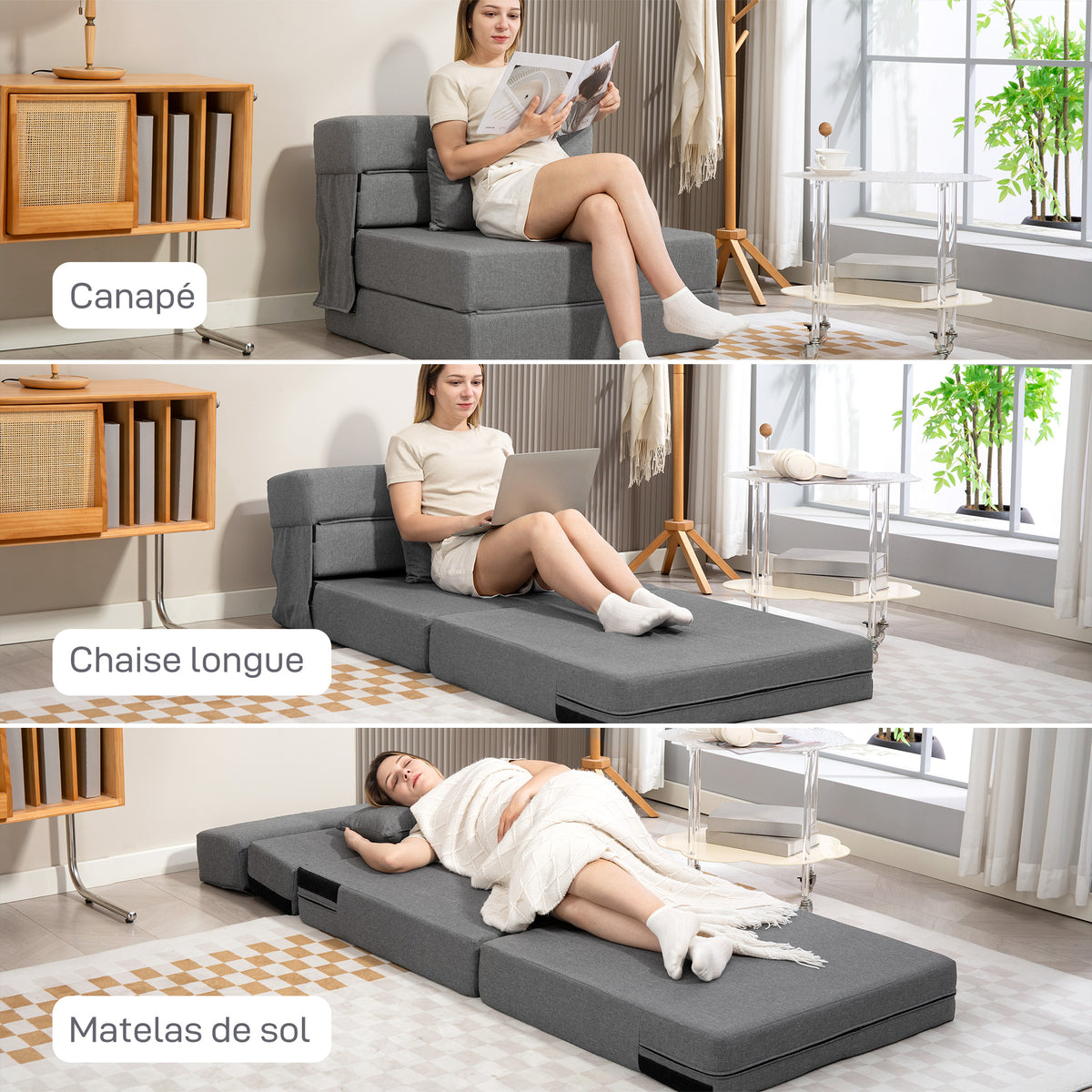 Fauteuil convertible 1 place fauteuil lit pliant, coussin inclus, pour invités, salon, petit espace, charge 120 kg, gris-3