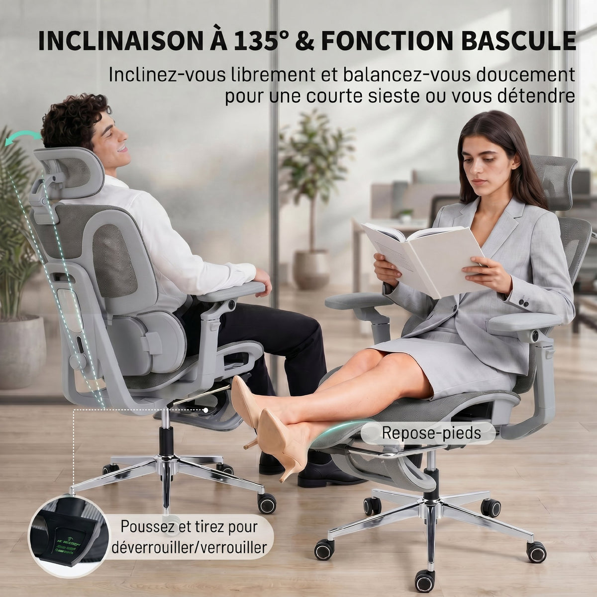 Chaise Bureau Ergonomique avec Accoudoirs 6D Appui-Tête et Profondeur d'Assise Réglables Maille Gris-7