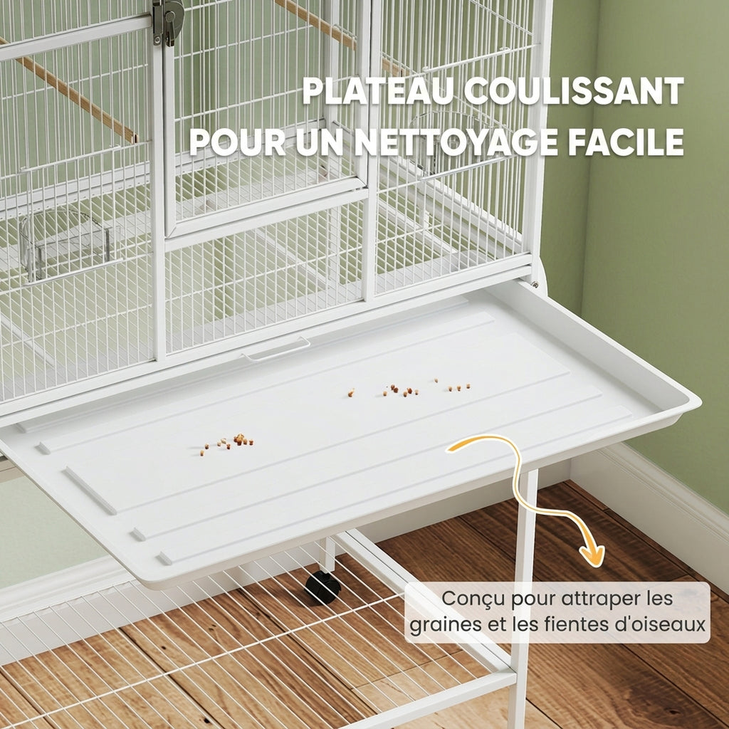 Cage à Oiseaux Portable avec 4 Mangeoires et 4 Perchoirs Pratique 81 x 48 x 162,5 cm Blanc-3