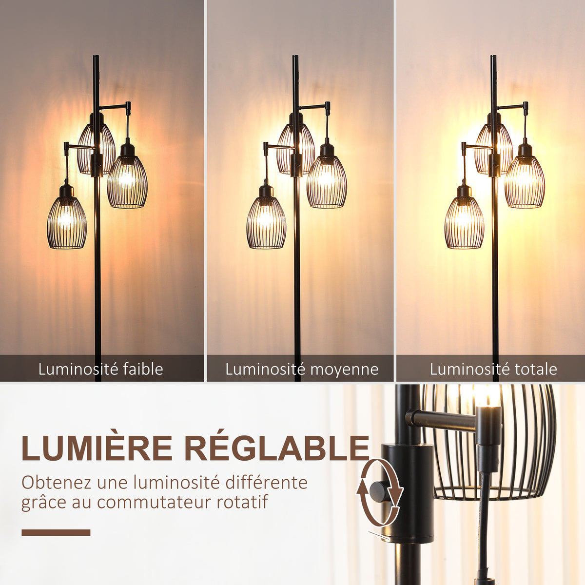 Lampadaire style industriel 40 W max. 3 abat-jours en métal filaire luminosité réglable - ampoule E27 - noir-3