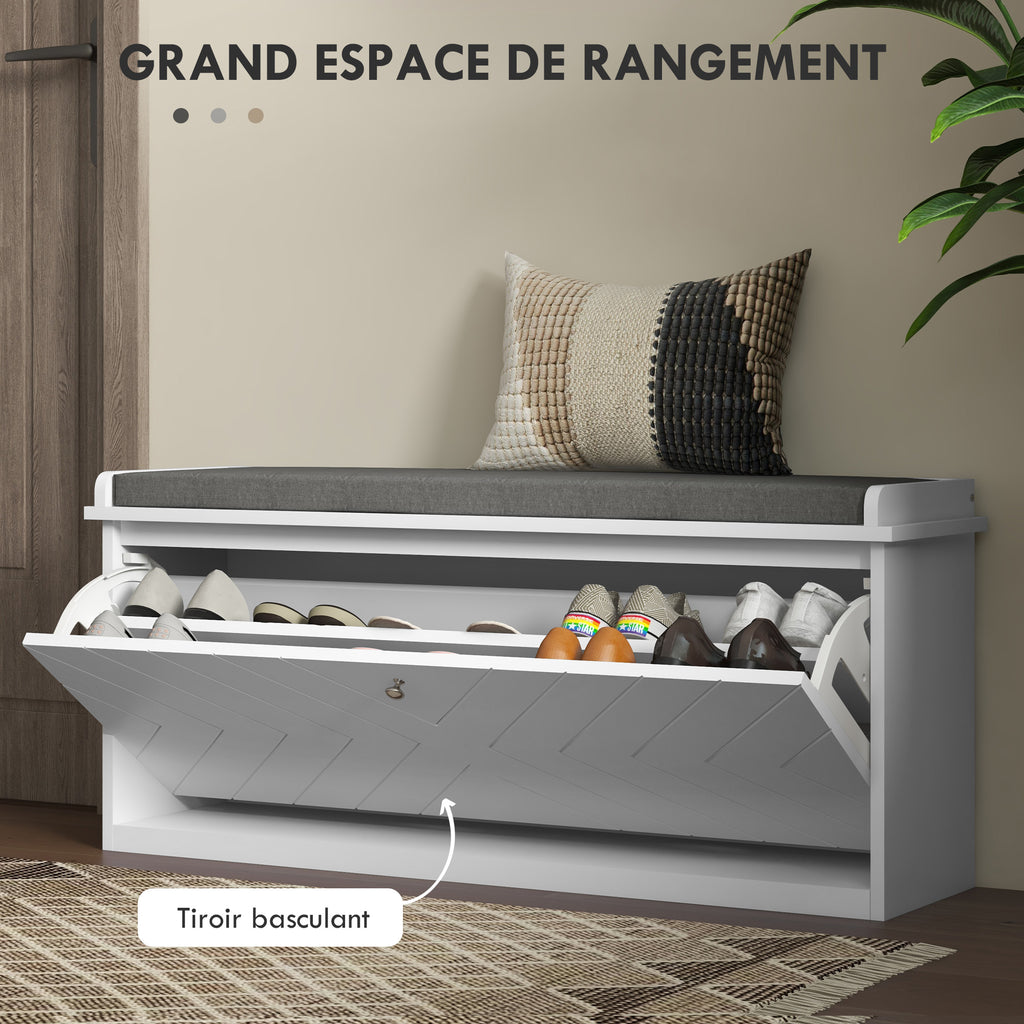 Banc à chaussures avec tiroir rabattable, coussin d'assise et étagère réglable, 100 x 26 x 48 cm, blanc-3