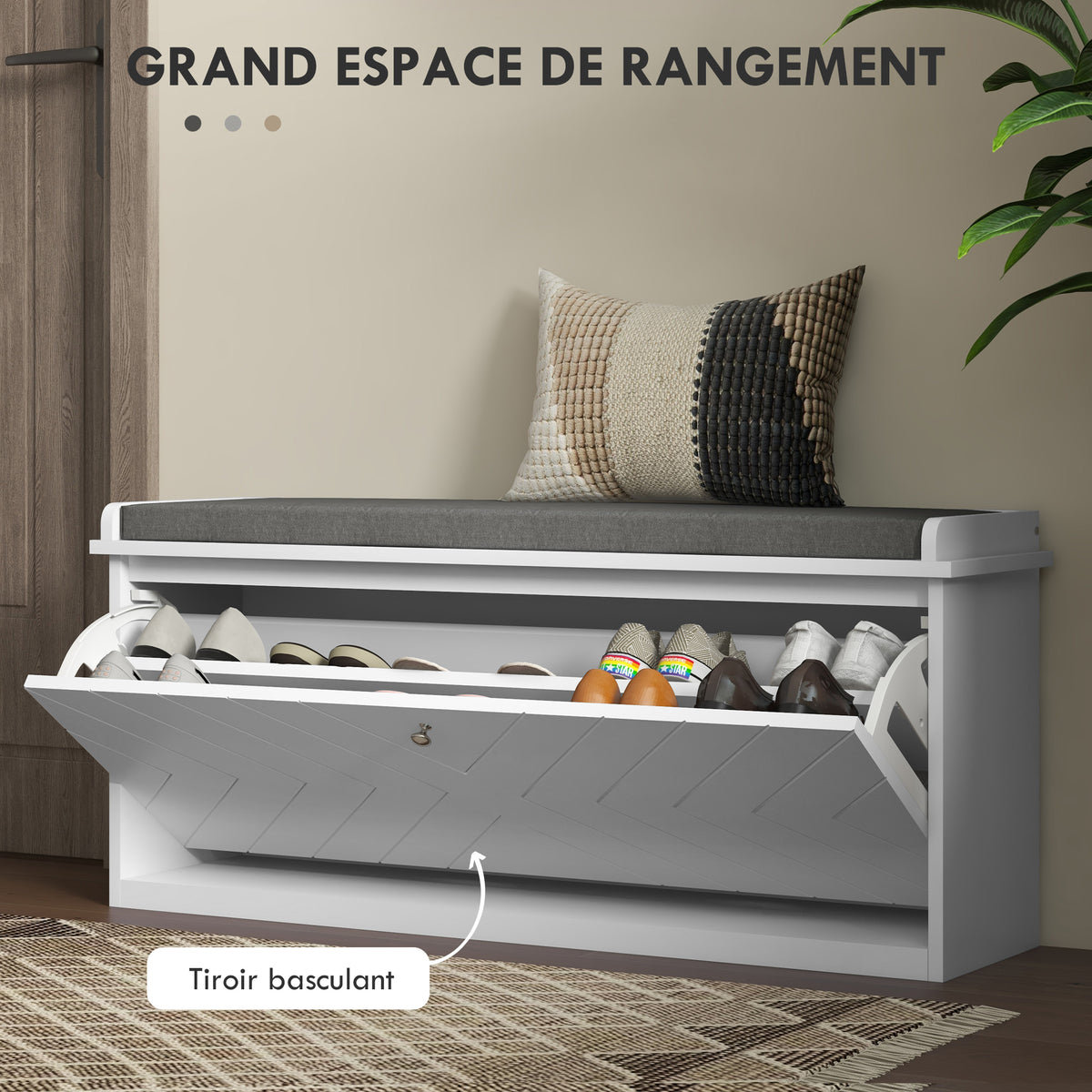 Banc à chaussures avec tiroir rabattable, coussin d'assise et étagère réglable, 100 x 26 x 48 cm, blanc-3