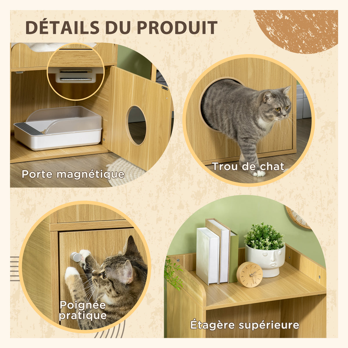 Maison de toilette pour chat meuble litière chat 3 niveaux compartiment fermé par une porte 1 coussin 60 x 45 x 103 cm-5