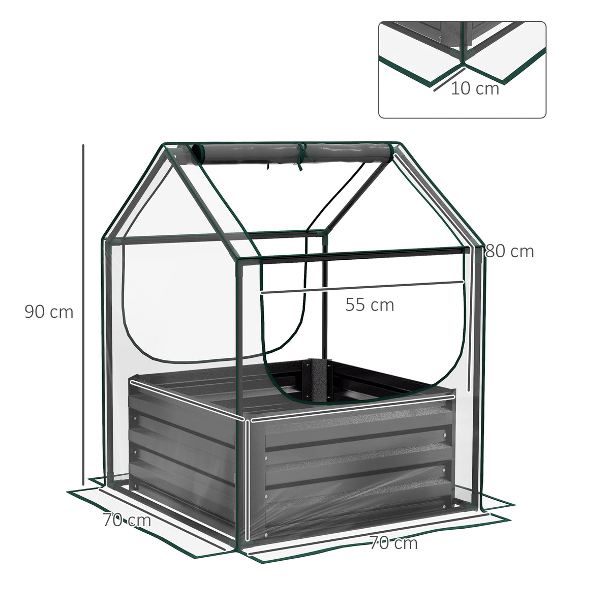 Carré potager de jardin avec mini serre, jardinière surélevée en acier galvanisé, 70 x 70 x 90 cm, gris foncé-2