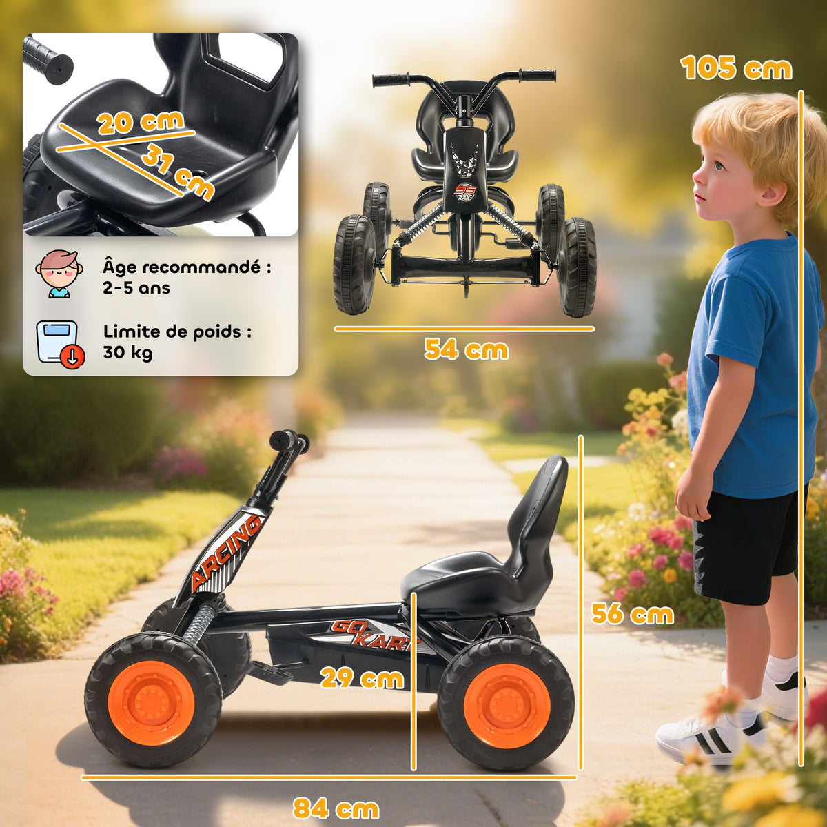Kart à pédales pour enfants, karting enfant, avancer et reculer, pour garçons filles de 2-5 ans, 84x54x56 cm, noir-2