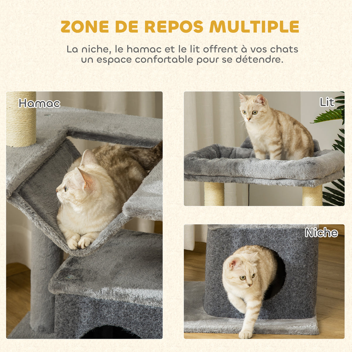 Arbre à chat avec griffoir, en tissu peluche, tour de jeux pour chat, lit, niche, hamac, plateforme 48 x 48 x 90 cm gris-4