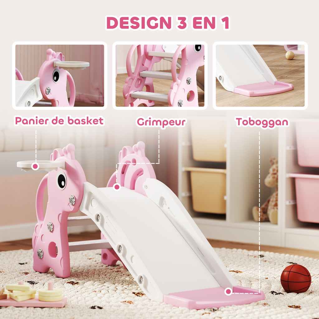 Toboggan pour enfants 3 en 1 en forme de girafe avec panier de basket, escalade et ballon, 106 x 51,5 x 52 cm, rose-3