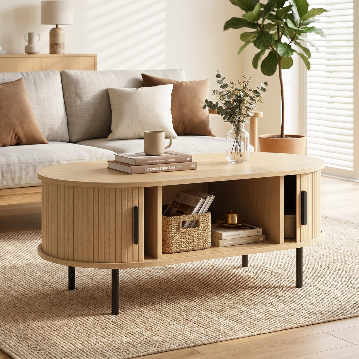 Table basse ovale en bois, table de salon moderne avec portes coulissantes et rangement caché, 100x55x40cm, bois naturel-8