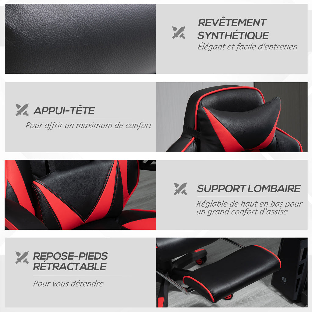 Chaise gaming Ergonomique, Fauteuil de Bureau confortable avec Repose-Pied, Appuie-Tête et coussin lombaire, Hauteur Réglable, noir et rouge-7
