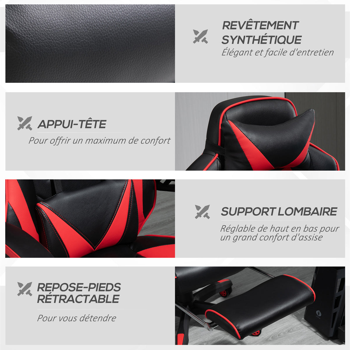 Chaise gaming Ergonomique, Fauteuil de Bureau confortable avec Repose-Pied, Appuie-Tête et coussin lombaire, Hauteur Réglable, noir et rouge-7