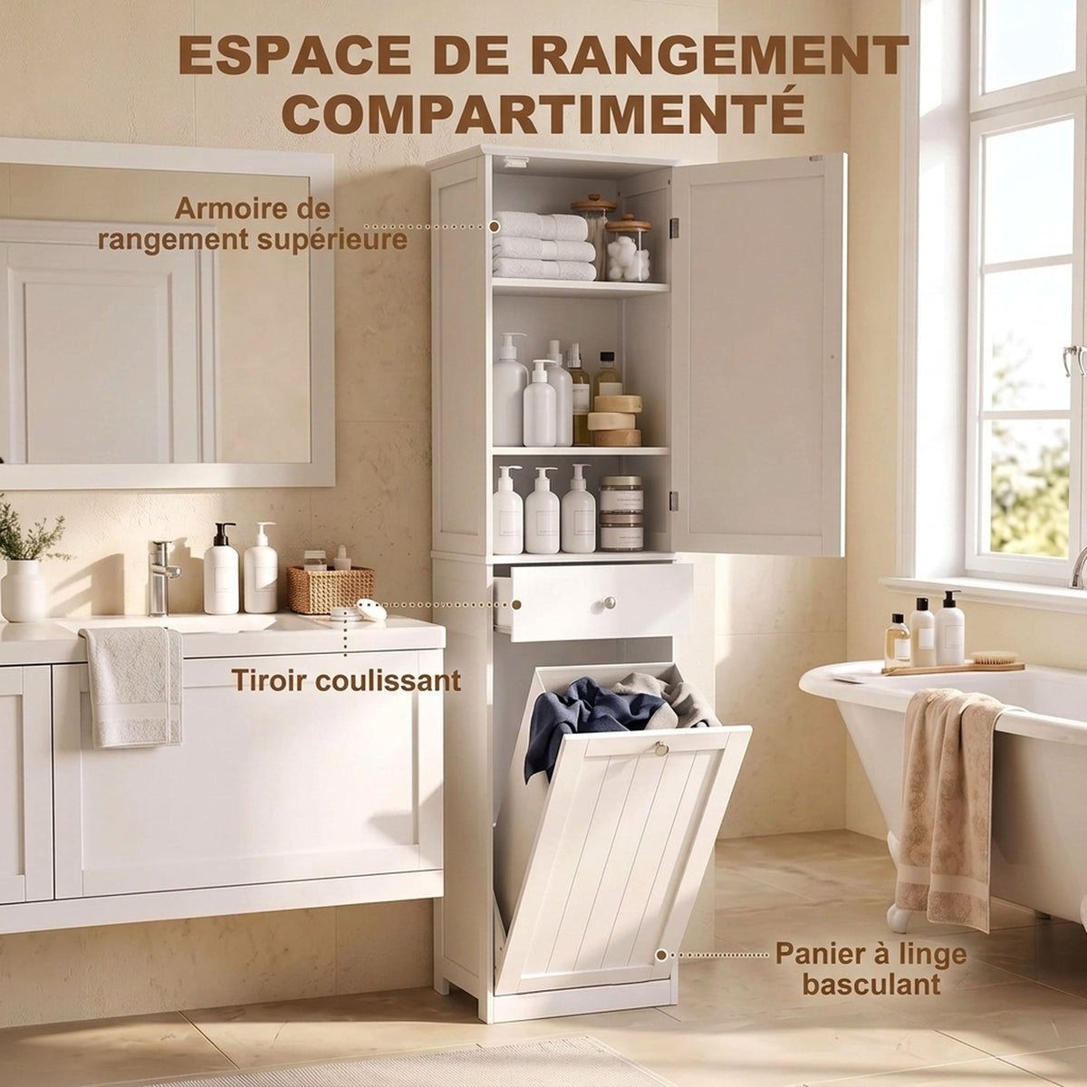 Meuble de Salle de Bain avec Tiroir, Panier à Linge, Étagère Réglable, Style Moderne, 45 x 30 x 180 cm, Blanc-3