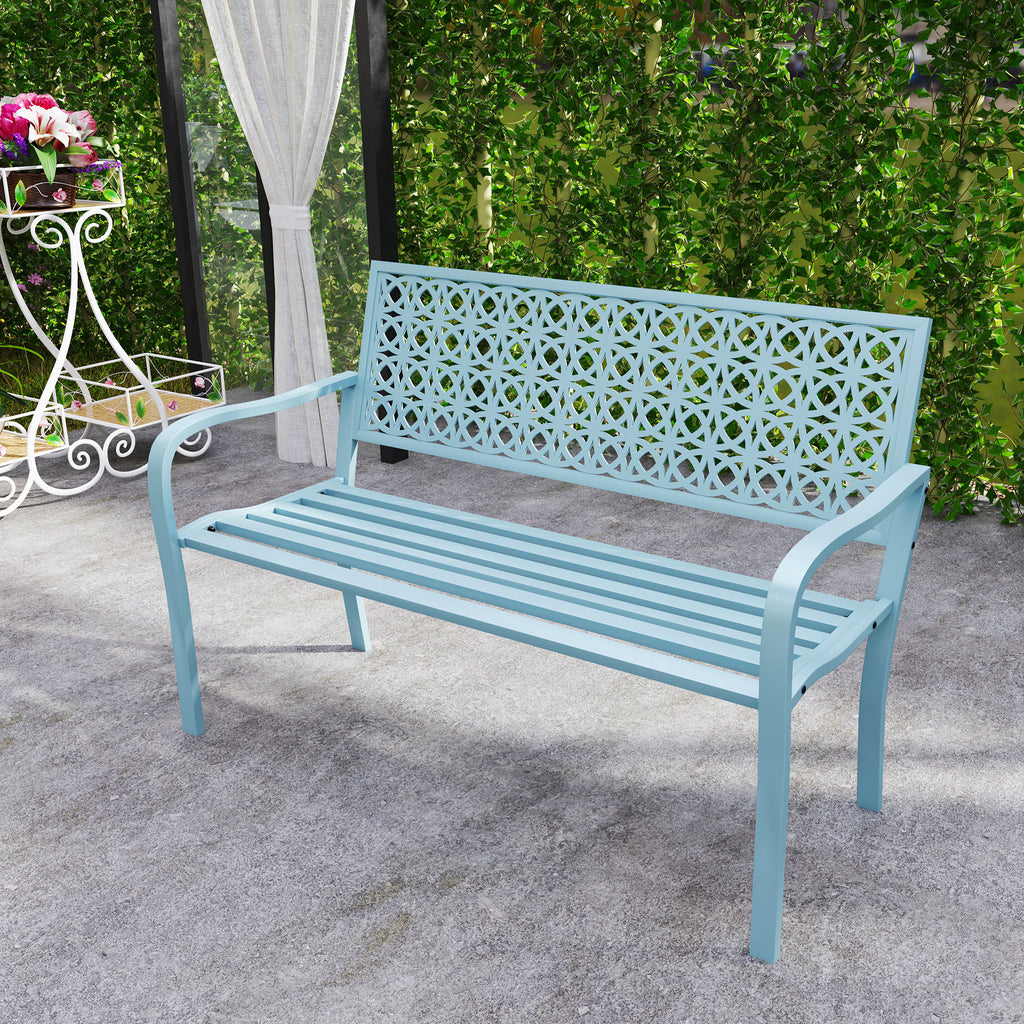 Banc de jardin 2 places, banc extérieur jardin en acier avec dossier ajouré, 127 x 63 x 85 cm, bleu-6