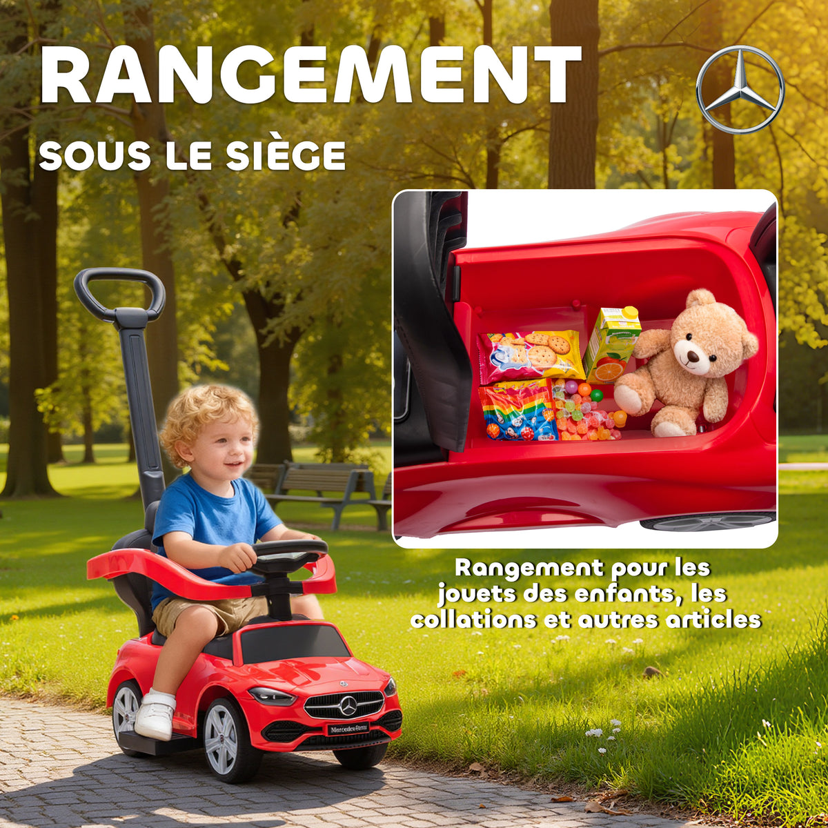 Porteur enfants Mercedes-Benz sous licence, porteur voiture à pousser avec poignée amovible, 91 x 40 x 83 cm, rouge-5