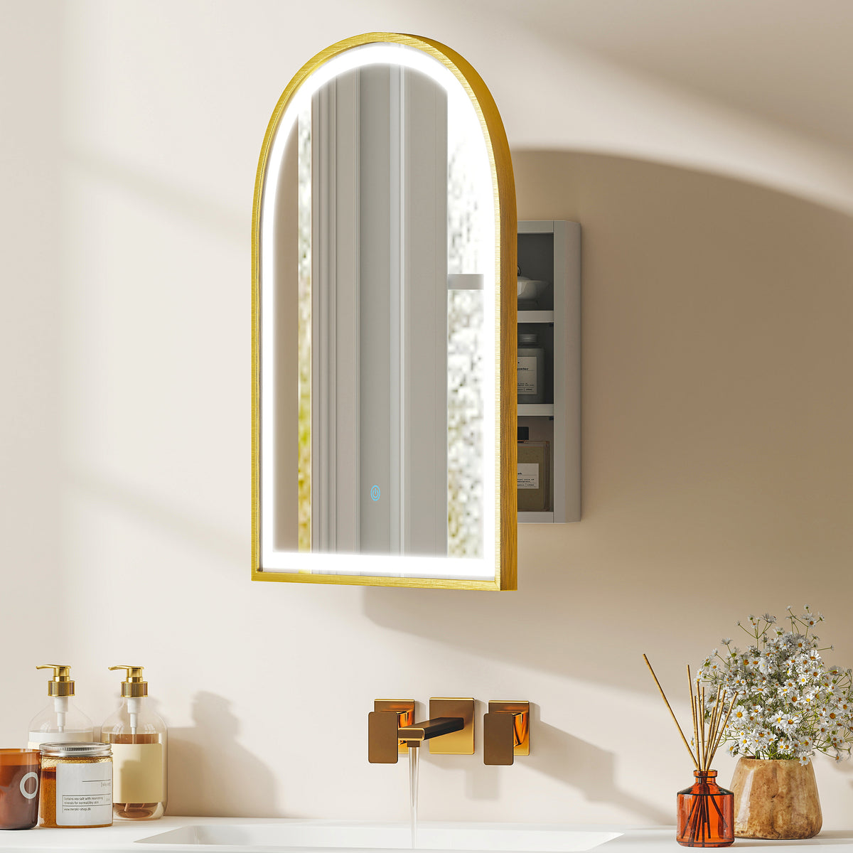 Armoire murale salle de bain avec miroir et éclairage LED, porte arquée, anti-buée, 50x14,5x70cm, doré-1