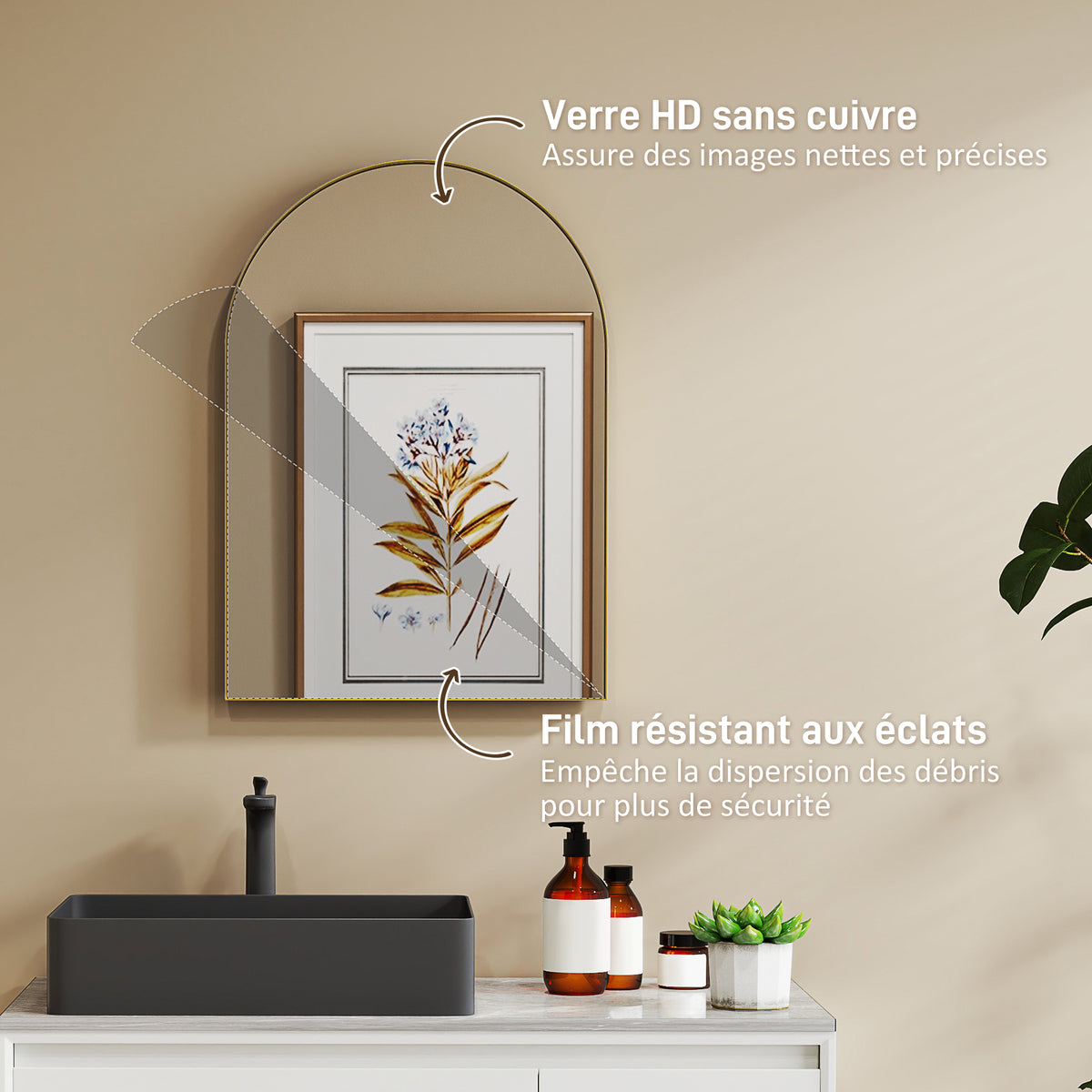 Miroir mural arqué miroir de salle de bain avec cadre en alliage d'aluminium pour chambre salon entrée 50 × 70 cm or-4