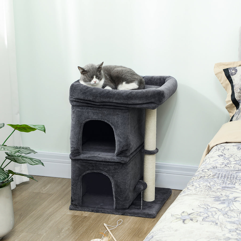 Arbre à chat, tour de jeux pour chat, plateforme, 2 niches et balle griffoirs en sisal, 45 x 40 x 66 cm, gris foncé-1