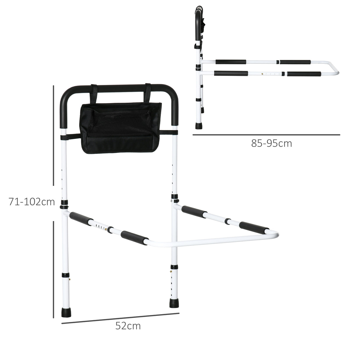 Barre d'appui lit sur pieds protection réglable 5 hauteurs pochette rangement 52 x 85-95 x 71-102 cm blanc noir-2