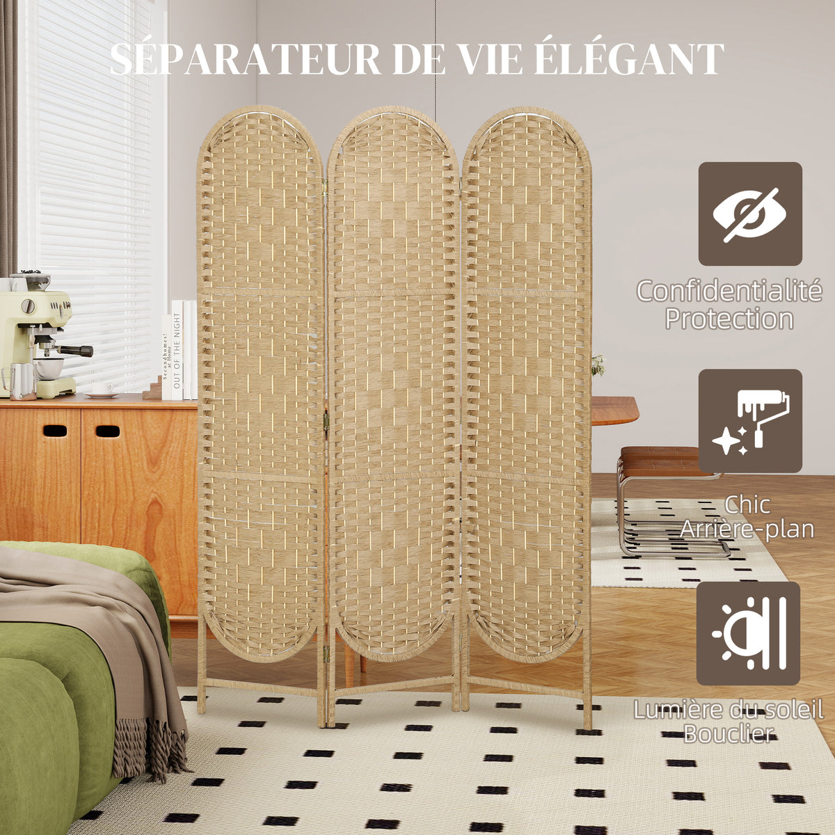 Paravent interieur ovale 3 panneaux 120 x 170 cm séparateur de pièce pliable, léger et tissé, bois naturel-3