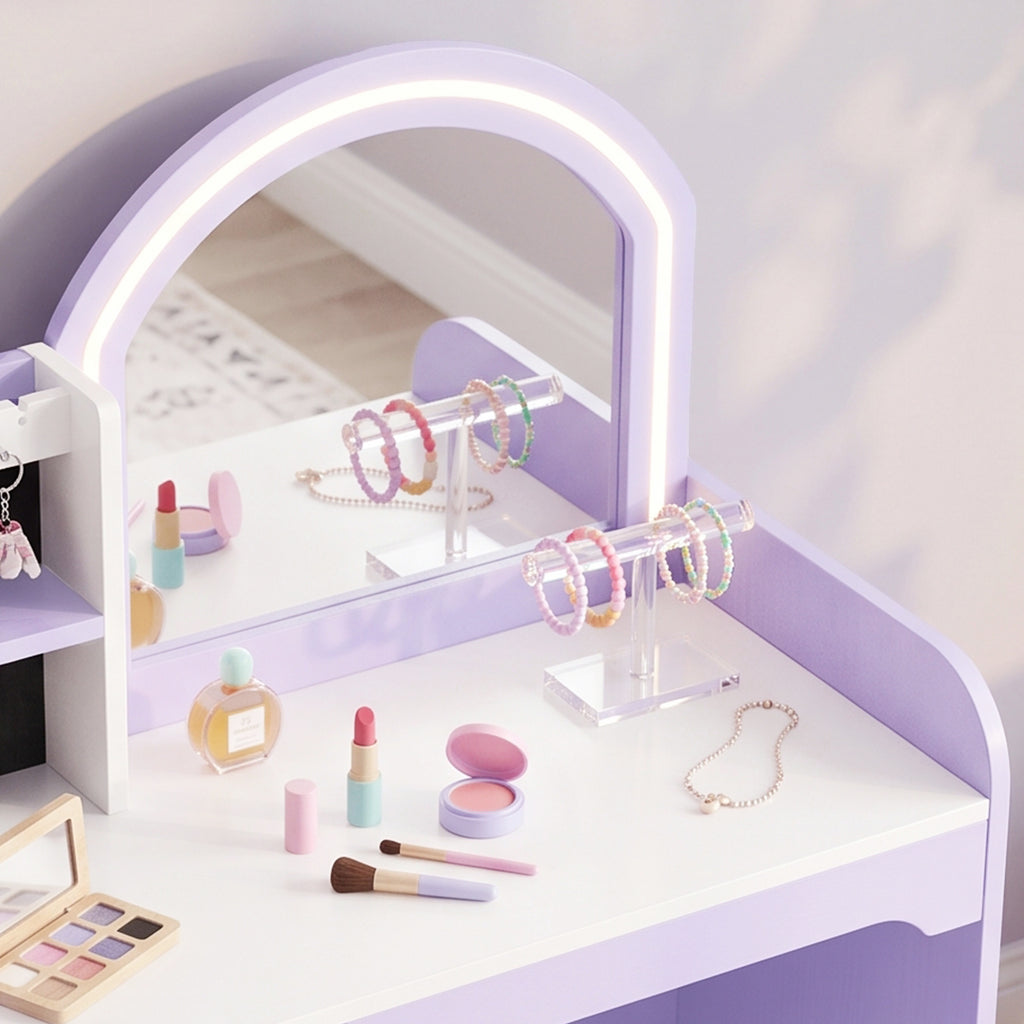 Coiffeuse pour Enfants avec Tabouret et Miroir en Acrylique à Éclairage Bicolore Coiffeuse Bureau Fille 3-8 Ans Violet-9