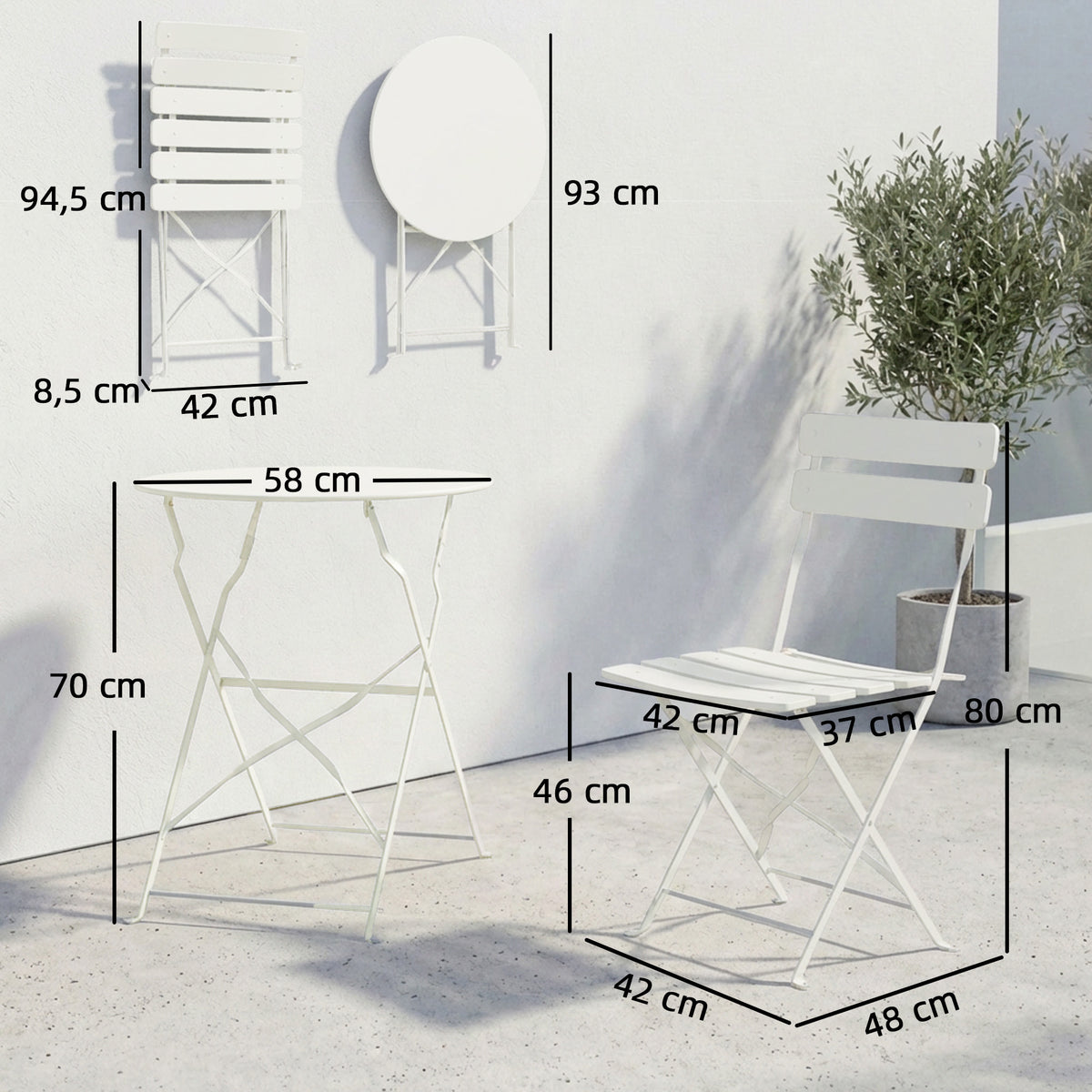 Ensemble Bistrot de Jardin 3 Pièces Table et 2 Chaises Pliantes à Lattes Double Protection Antirouille Crème-2