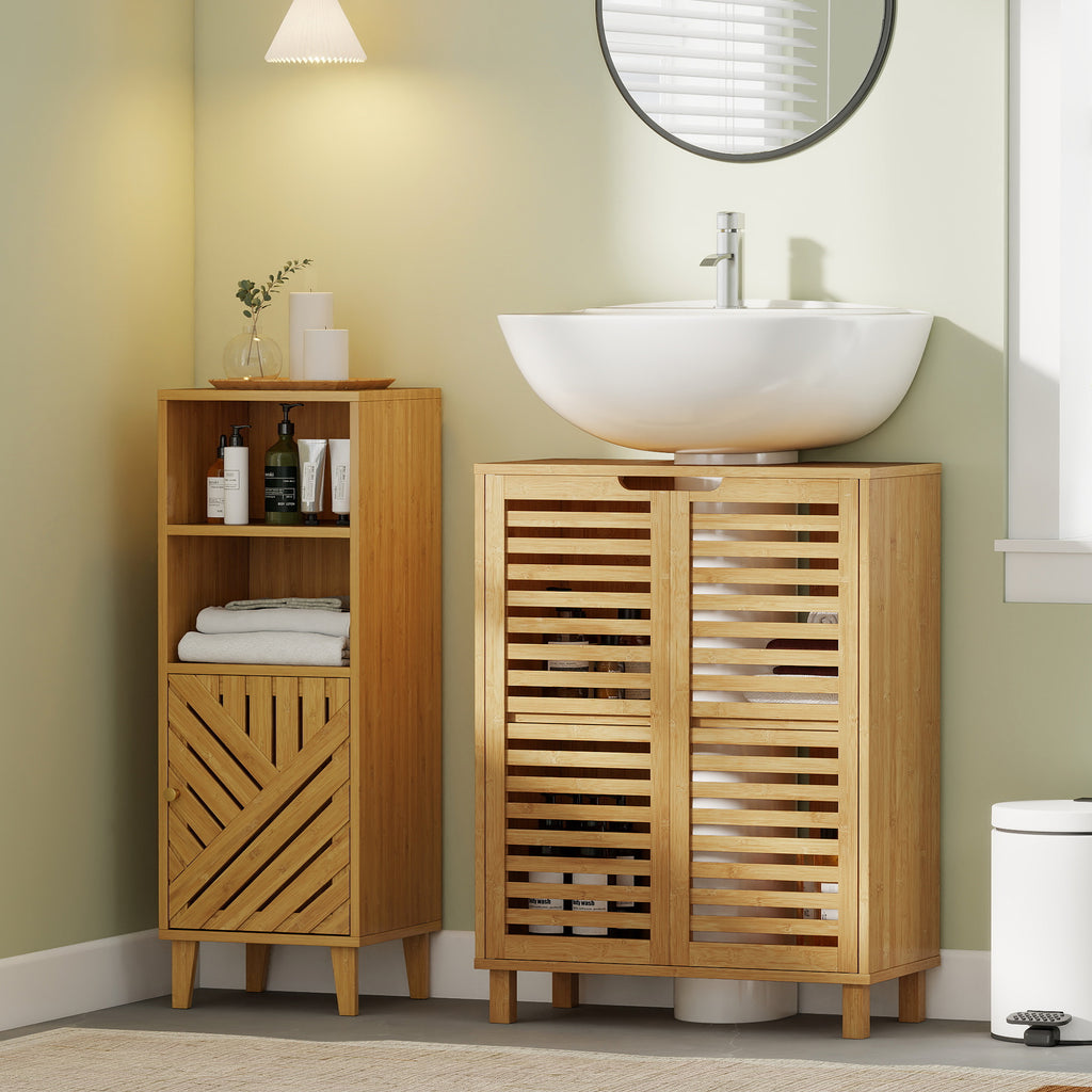 Meuble sous Lavabo en Bambou, Meuble de Salle de Bain avec 2 Portes Persiennes, Étagère Réglable, Bois Naturel-9